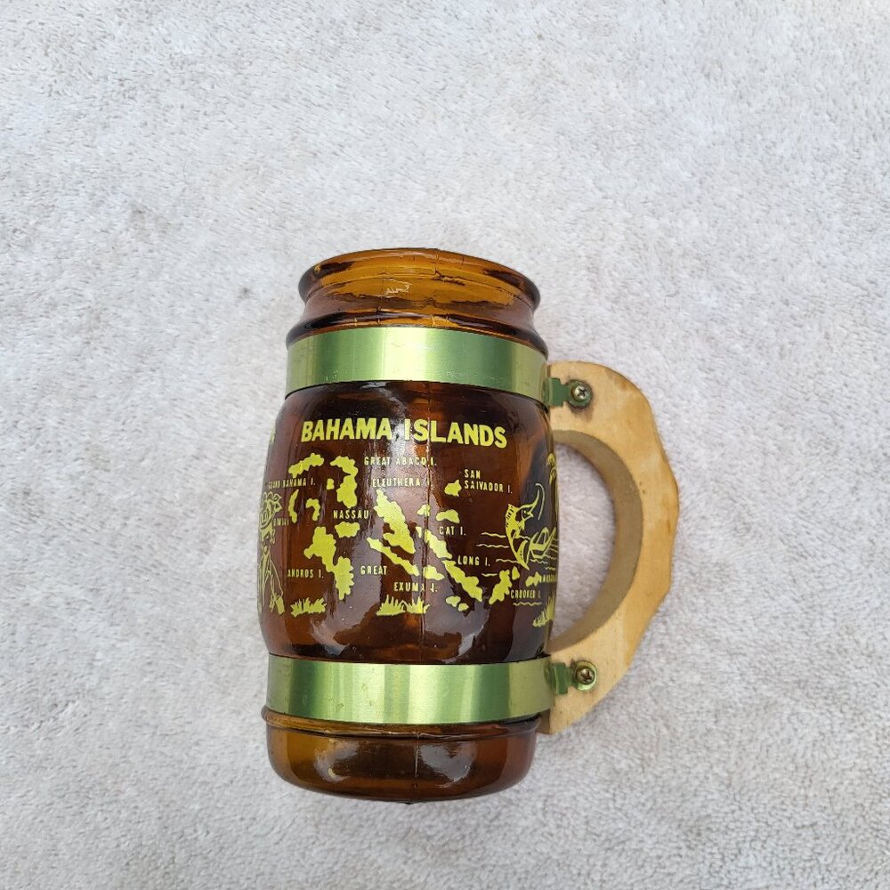 VTG Siesta Ware Brown Glass Barrel 5.5" Mug Wood Handle Bahama Islands RARE GUC